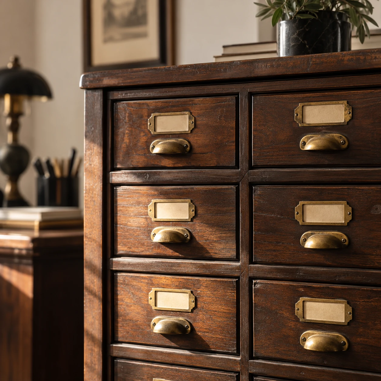 Cajones de un archivo de madera