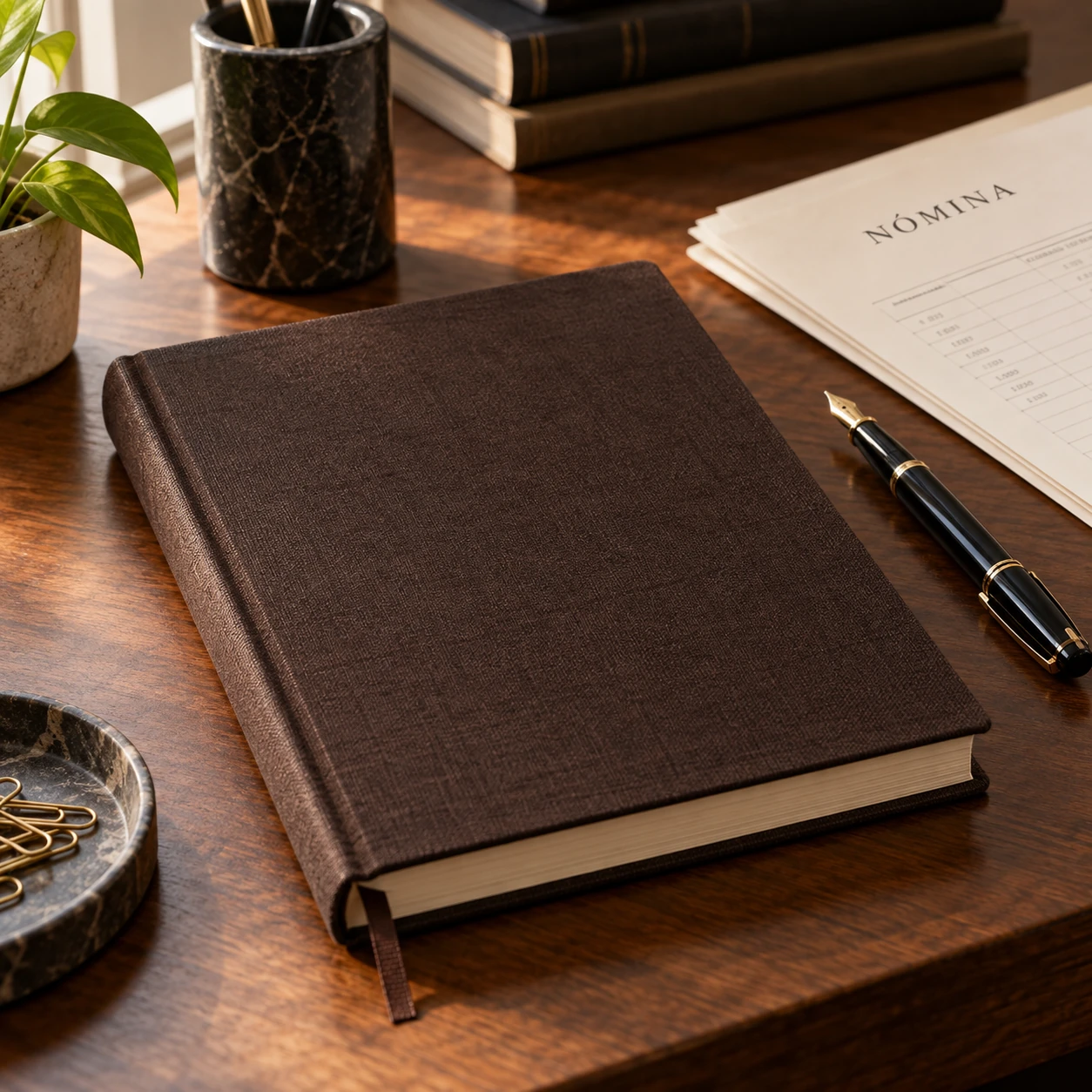 Libro contable y pluma sobre una mesa