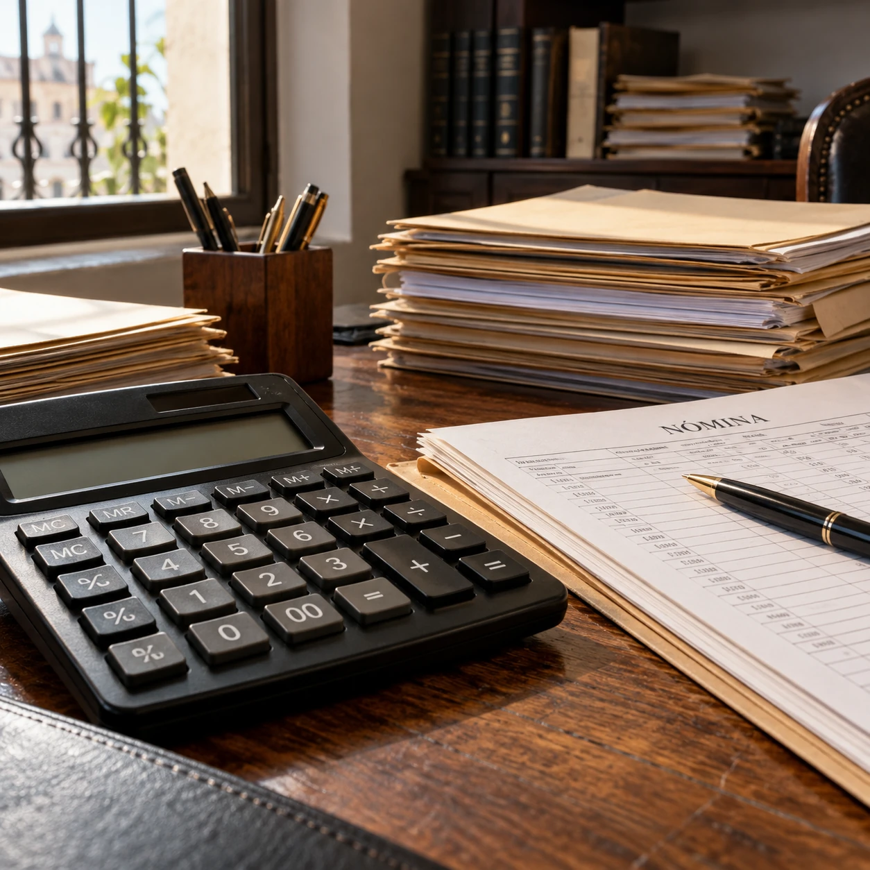 Calculadora y expedientes contables sobre un escritorio junto a una ventana