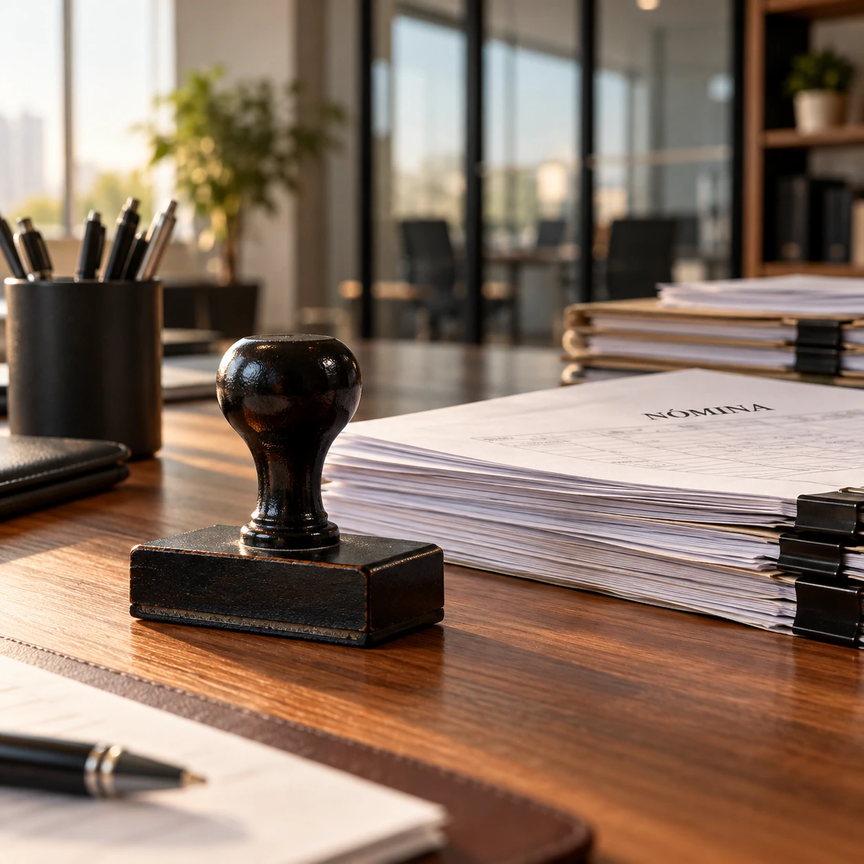 Sello de oficina y expedientes sobre una mesa